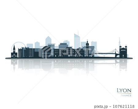 Lyon skyline silhouette with reflection. Lyon skyline silhouette with reflection. 107621118