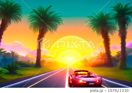 オープンカーで夕陽の中を走る 107621330
