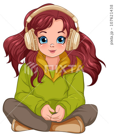 Female youth wearing headset listening to music and sitting on the floor 107621438
