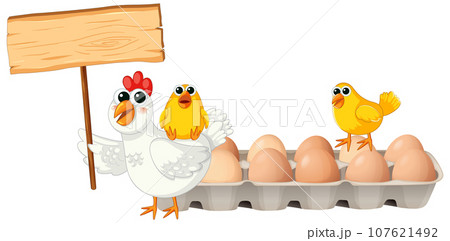 Chicken Holding Wooden Banner with Chicks and Eggs Chicken Holding Wooden Banner with Chicks and Eggs 107621492
