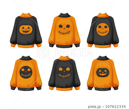 Sweaters for All Saints Day. Black and orange hoodies with the image of Jack the pumpkin s face. Halloween-themed printed clothes. Vector illustration Sweaters for All Saints Day. Black and orange hoodies with the image of Jack the pumpkin s face. Halloween-themed printed clothes. Vector illustration 107622334