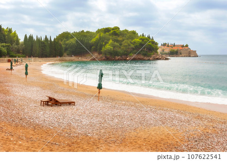 Sveti Stefan island, Montenegro, Adriatic sea beach Sveti Stefan island, Montenegro, Adriatic sea beach 107622541