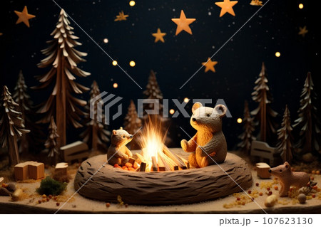 可愛いいクマさんのキャンプファイヤー（3D） 107623130