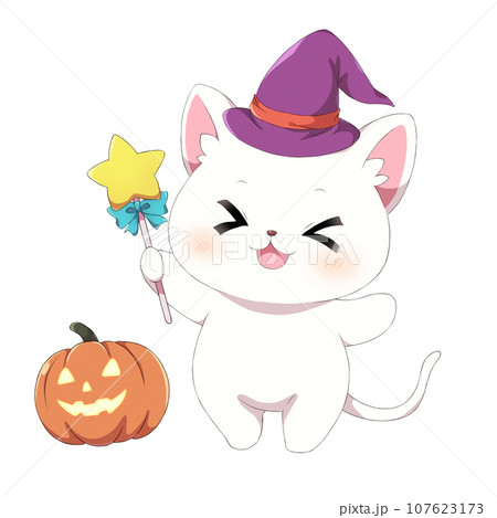 魔女の帽子をかぶった白猫とハロウィンのカボチャ②のイラスト素材