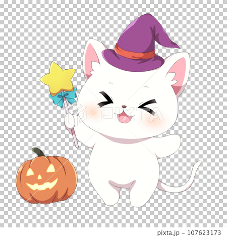 魔女の帽子をかぶった白猫とハロウィンのカボチャ②のイラスト素材