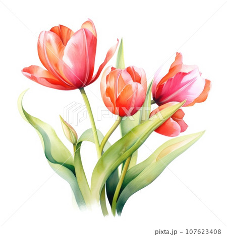 watercolor tulip flowers illustration on a white background. 107623408