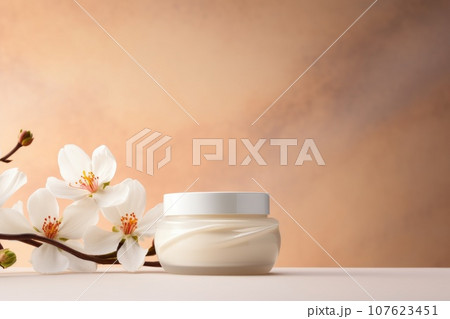 Cosmetic cream blank jar mock up with white flowers on light pastel background. 107623451