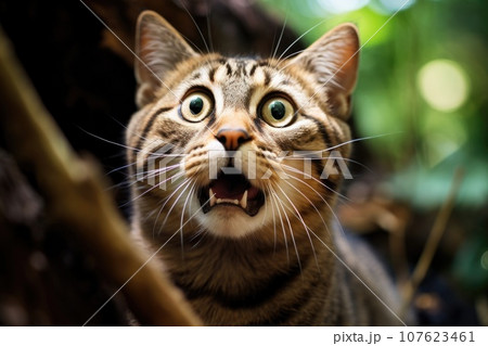 surprised funny cat with open mouth on green nature background. surprised funny cat with open mouth on green nature background. 107623461