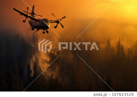 Airplane firefighting of forest wildfire. Dangerous Ecological Emergency. 107623529