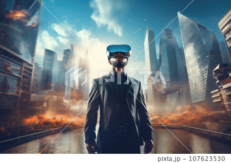 African Man in suit wearing virtual reality glasses. 107623530
