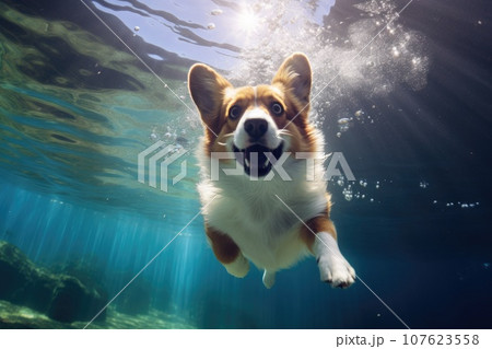 Cute dog corgi swimming under the water. 107623558