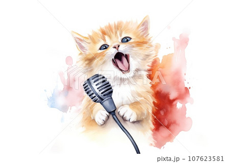 watercolor kitten with microphone on white background watercolor kitten with microphone on white background 107623581