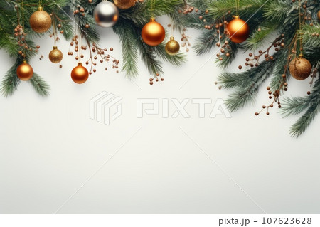 Banner of decorative christmas tree branches with cones and balls 107623628