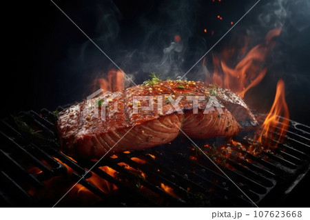 Salmon steak with rosemary on the grill. Salmon steak with rosemary on the grill. 107623668