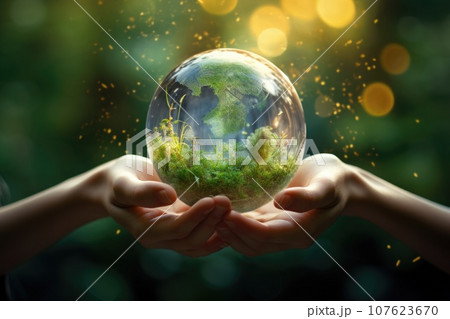 Earth crystal glass globe ball and tree in hands. Earth crystal glass globe ball and tree in hands. 107623670