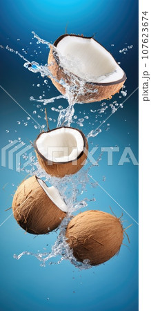 coconut with splashes fly in the air on blue pastel background. 107623674
