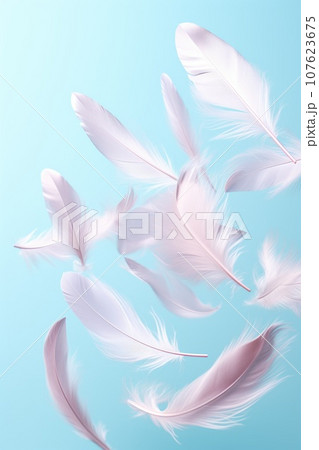 white feathers fly in the air on blue pastel background 107623675