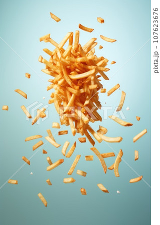 potato fries fly in the air on blue pastel background. 107623676