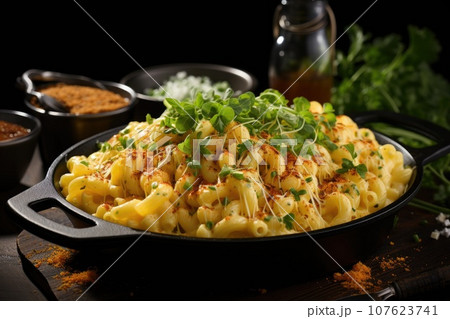 Mac and cheese in a black cast iron pan Mac and cheese in a black cast iron pan 107623741