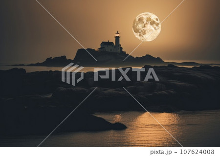 A full moon rising over a lighthouse on the ocean, AI A full moon rising over a lighthouse on the ocean, AI 107624008