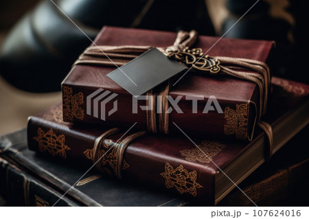 A pair of leather books with a tag on them, AI A pair of leather books with a tag on them, AI 107624016