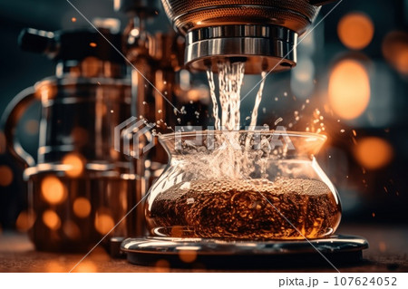Coffee brewing in a glass with a steam coming out, AI 107624052