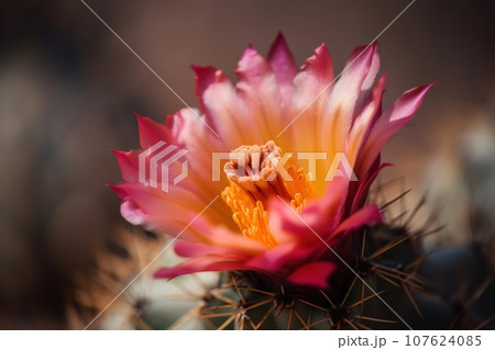 A cactus flower with a bright red center, AI 107624085