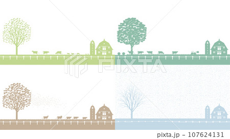 酪農業。乳牛と牛舎と樹木の四季の変化のシルエットイラスト 酪農業。乳牛と牛舎と樹木の四季の変化のシルエットイラスト 107624131