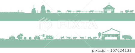 酪農業。乳牛と牛舎と牧草作業。　現在と過去の仕事の変化のシルエットイラスト 107624132