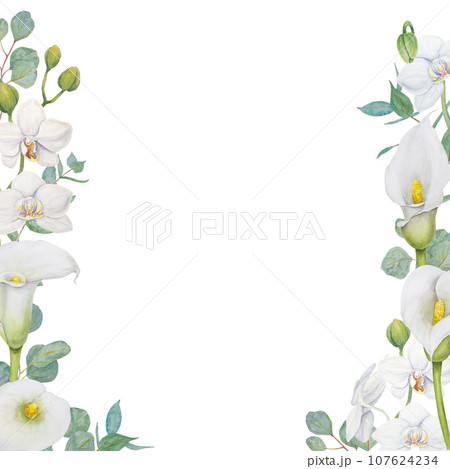 Watercolor frame of white calla lily flowers and eucalyptus. Hand drawn floral illustration for wedding invitations, floristic, beauty salon. Isolated tropical water arum for greeting Watercolor frame of white calla lily flowers and eucalyptus. Hand drawn floral illustration for wedding invitations, floristic, beauty salon. Isolated tropical water arum for greeting 107624234