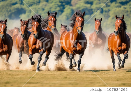 Galloping Glory: Brown Horse Herd in a Breathtaking Run. Generative AI. 107624262