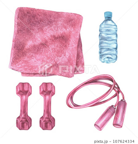 Fitness clothing for women. Watercolor illustration of pink sports wear. Hand drawn clip art on white isolated background. Drawing of dumbbell and skipping rope. Gym equipment composition Fitness clothing for women. Watercolor illustration of pink sports wear. Hand drawn clip art on white isolated background. Drawing of dumbbell and skipping rope. Gym equipment composition 107624334