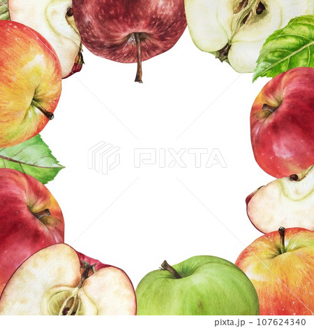 Apple frame border. Watercolor botanical illustration of fruit. Hand drawn fall food on isolated white background. Painting of orchard autumn plant for square card design Apple frame border. Watercolor botanical illustration of fruit. Hand drawn fall food on isolated white background. Painting of orchard autumn plant for square card design 107624340