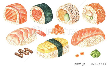 Sushi Rolls set isolated on a white background. Watercolor illustration of Japanese Food. Hand drawn nigiri maki clip art bundle. Drawing of asian cuisine for menu design 107624344
