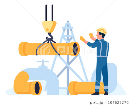 Oil petroleum industry. Pipeline building. Pipe lifting with crane. Professional worker repairing petrol equipment. Refinery plant. Fuel extraction. Engineer in uniform. Vector concept Oil petroleum industry. Pipeline building. Pipe lifting with crane. Professional worker repairing petrol equipment. Refinery plant. Fuel extraction. Engineer in uniform. Vector concept 107625276