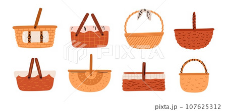Cartoon empty wicker baskets. Handmade picnic hampers. Decorative panniers for products. Lunch in park on grass. Wickerwork container with napkin. Camping straw box. Garish vector set 107625312