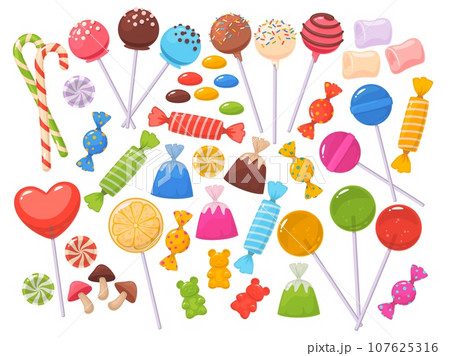 Cartoon candies. Sweet sugar products. Caramel in wrapper. Color lollipops. Bonbons and marmalade bears. Kids dessert. Chocolate confectionery. Glazed cake on stick. Recent vector set 107625316