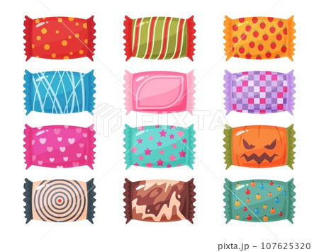 Candy in different wrappers. Cartoon sugar product in various colors and patterns packing. Decorative wrap. Fruit caramel. Birthday or Halloween sweets. Toffee packet. Recent vector set 107625320