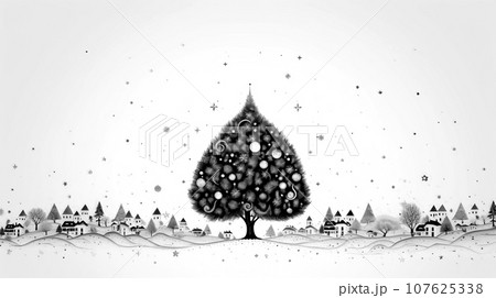 Christmas tree with houses and snowflakes on white background. 107625338