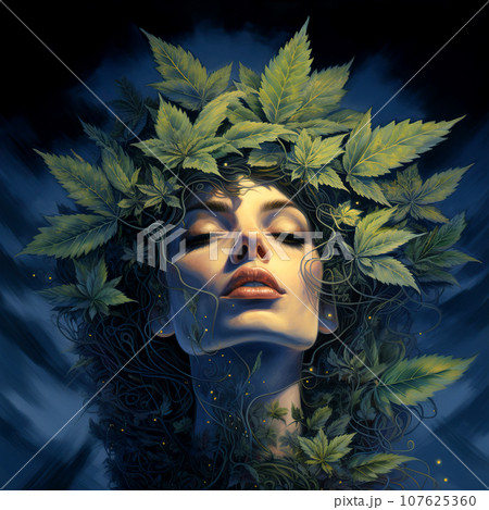Girl with a wreath of marijuana leaves on her head. Digital painting. 107625360
