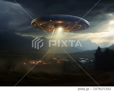 UFO flying in the night sky over the village.のイラスト素材 [107625382] - PIXTA