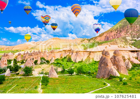 Fly of air balloons in Unique natural place - Cappadocia , Turkiye. 107625481