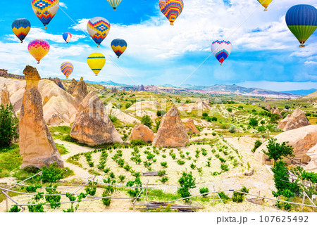 Fly of air balloons in Unique natural place - Cappadocia , Turkiye. 107625492
