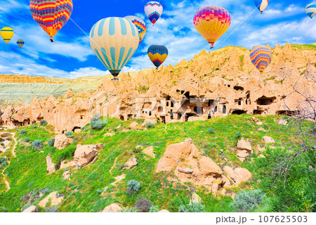 Fly of air balloons in Unique natural place - Cappadocia , Turkiye. 107625503