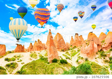 Fly of air balloons in Unique natural place - Cappadocia , Turkiye. 107625506