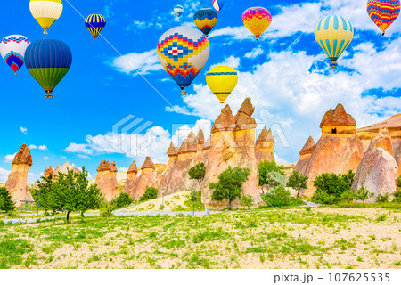 Fly of air balloons in Unique natural place - Cappadocia , Turkiye. 107625535