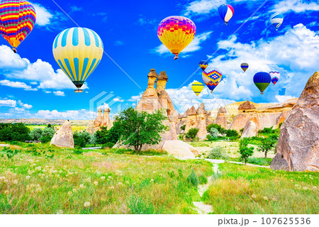 Fly of air balloons in Unique natural place - Cappadocia , Turkiye. 107625536