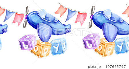 watercolor seamless border of child theme with a toys, blue airplane, blue, beige and lilac cubes and children's multicolored flags with letters isolated on white background 107625747