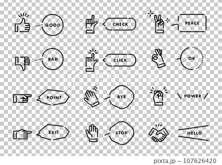 Simple line drawing icon set of hand signs and speech bubbles. Vector illustration. Simple line drawing icon set of hand signs and speech bubbles. Vector illustration. 107626420