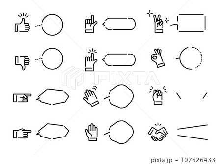 ハンドサインと吹き出しのシンプルな線画のアイコンセット。ベクターイラスト。 ハンドサインと吹き出しのシンプルな線画のアイコンセット。ベクターイラスト。 107626433